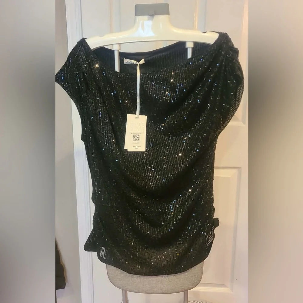 Grace Karin Black Sequin Off the Shoulder Ruched Blouse - Picture 9 of 9